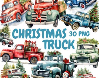 Watercolor Christmas Truck Clipart Bundle, Red Truck Clipart, Winter Car Graphics, Instant Digital Download For Commercial Use
