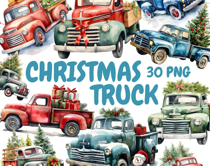 Watercolor Holiday Truck Clipart 10 PNG - Festive Pickup Truck Digital ...