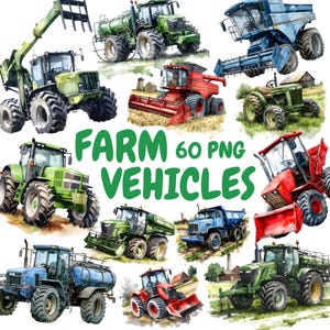 Aquarell Bauernhof Fahrzeuge Clipart Bundle, Mähdrescher Clipart, Traktor Illustrationen, transparente PNG Grafiken, kommerzielle Nutzung