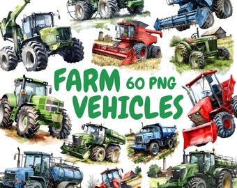Watercolor Farm Vehicles Clipart Bundle, Combine Harvester Clipart, Tractor Illustrations, Transparent PNG Graphics, Commercial Use