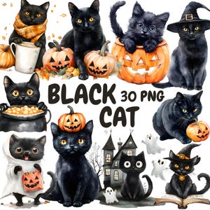 Bundle de cliparts aquarelle chat noir, clipart chat Halloween, graphiques chat automne, téléchargement numérique instantané pour un usage commercial