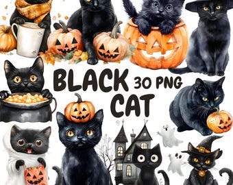 Watercolor Black Cat Clipart Bundle, Halloween Cat Clipart, Autumn Cat Graphics, Instant Digital Download For Commercial Use