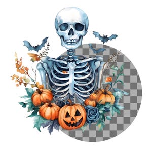 Peut inclure: Une illustration aquarelle d'un squelette avec une cage thoracique bleue, entour&eacute; de citrouilles, de chauves-souris et de feuillage d'automne. Le squelette porte une couronne florale bleue et blanche.