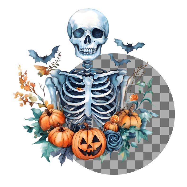 Peut inclure: Une illustration aquarelle d'un squelette avec une cage thoracique bleue, entour&eacute; de citrouilles, de chauves-souris et de feuillage d'automne. Le squelette porte une couronne florale bleue et blanche.