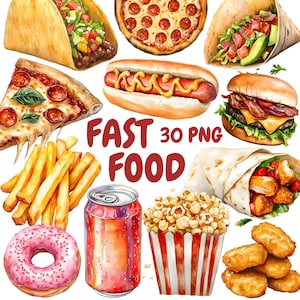 Aquarel fastfood clipartbundel, junkfood clipart, pizza-illustraties, transparante png-afbeeldingen, commercieel gebruik