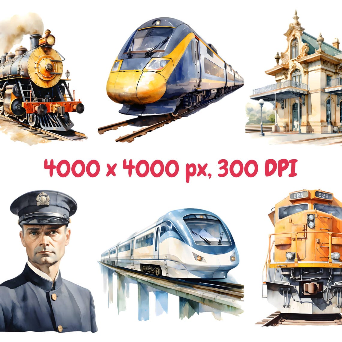 Watercolor Trains Clipart Bundle, Steam Train Clipart, Locomotive ...
