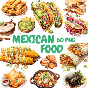 Watercolor Mexican Food Clipart Bundle, Mexican Dishes Clipart, Taco Illustrations, Transparent PNG Graphics, Commercial Use
