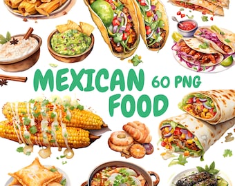 Pacote de clipart de comida mexicana em aquarela, clipart de pratos mexicanos, ilustrações de tacos, gráficos PNG transparentes, uso comercial