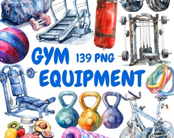 Watercolor Gym Equipment Clipart Bundle, Fitness Equipment Clipart, Workout Illustrations, Transparent PNG Graphics, Commercial Use