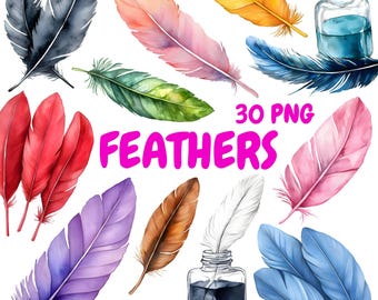 Könnte beinhalten: Ein Set mit 30 Aquarell-Illustrationen von Federn in verschiedenen Farben, darunter Pink, Blau, Grün, Rot und Gelb. Die Federn sind in einem zufälligen Muster auf einem weißen Hintergrund angeordnet. Der Text "30 PNG FEATHERS" ist in pinken Buchstaben in der Mitte des Bildes geschrieben.