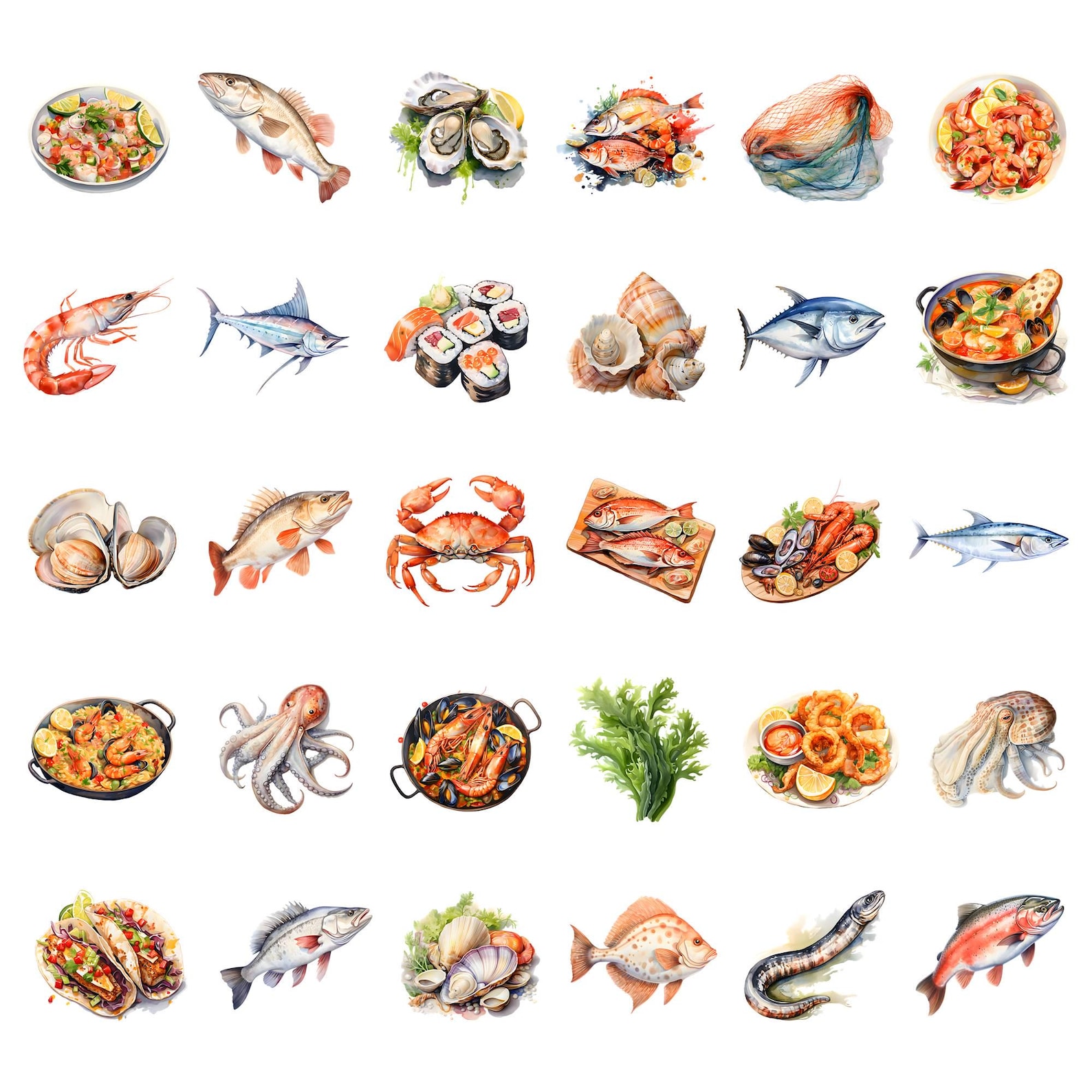 Watercolor Seafood Clipart Bundle, Seafood Dishes Clipart, Lobster ...