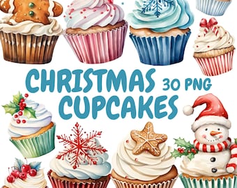 Watercolor Christmas Cupcakes Clipart Bundle, Xmas Cupcake Clipart, Christmas Treat Graphics, Instant Digital Download For Commercial Use
