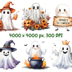 Puede incluir: Un conjunto de cinco ilustraciones de acuarela de fantasmas en varias poses. Un fantasma lleva un sombrero de bruja, otro sostiene un cartel que dice "Spooky Halloween!" y otro sostiene un caldero. Las ilustraciones son perfectas para manualidades y decoraciones de Halloween.