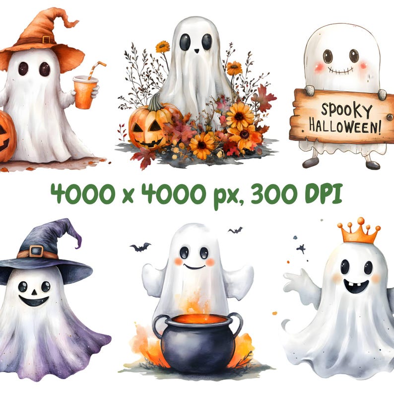 Puede incluir: Un conjunto de cinco ilustraciones de acuarela de fantasmas en varias poses. Un fantasma lleva un sombrero de bruja, otro sostiene un cartel que dice "Spooky Halloween!" y otro sostiene un caldero. Las ilustraciones son perfectas para manualidades y decoraciones de Halloween.