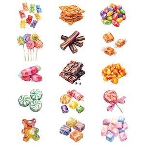 May include: A collection of colorful candies, including gummy bears, lollipops, chocolate bars, caramel candies, and jelly beans. The candies are arranged in rows on a white background.