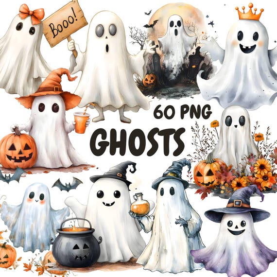 Watercolor Ghosts Clipart Bundle, Halloween Ghost Clipart, Cute Ghost Graphics, Instant Digital Download For Commercial Use