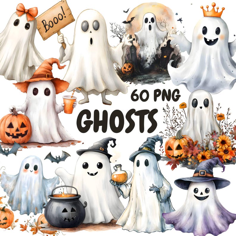 Puede incluir: Un conjunto de 60 im&aacute;genes de clipart digitales de fantasmas lindos en varias poses y disfraces. Los fantasmas son blancos con ojos y bocas negros, y algunos llevan sombreros, sostienen calabazas o llevan calderos. Las im&aacute;genes son perfectas para manualidades de Halloween, decoraciones y suministros para fiestas.