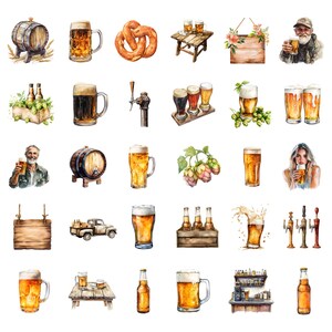 May include: Watercolor illustration of various beer-related items, including mugs, bottles, barrels, pretzels, and a bar scene. The illustration features a variety of colors, including brown, gold, green, and blue.