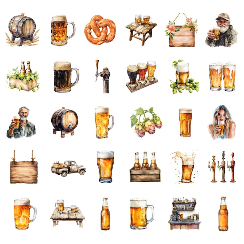May include: Watercolor illustration of various beer-related items, including mugs, bottles, barrels, pretzels, and a bar scene. The illustration features a variety of colors, including brown, gold, green, and blue.
