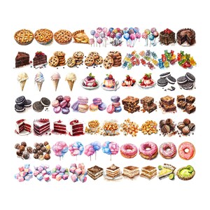 May include: A watercolor illustration of a variety of sweet treats, including cakes, pies, cookies, ice cream, candy, donuts, and more. The illustration is colorful and whimsical, and would be perfect for a bakery or dessert shop.