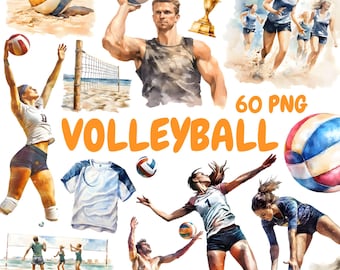 Watercolor Volleyball Clipart Bundle, Beach Volleyball Clipart, Volleyball Illustrations, Transparent PNG Graphics, Commercial Use