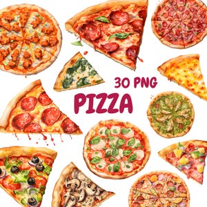 Watercolor Pizza Clipart Bundle, Pizza Slice Clipart, Pepperoni Illustrations, Transparent PNG Graphics, Commercial Use