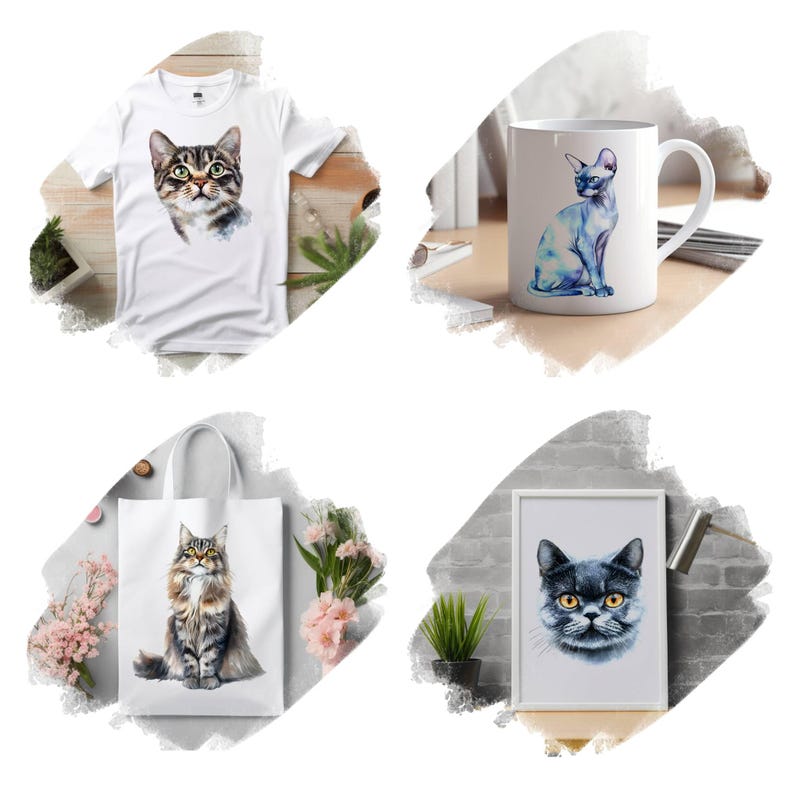 May include: Four different products featuring watercolor illustrations of cats. A white t-shirt with a tabby cat, a white mug with a hairless cat, a white tote bag with a Maine Coon cat, and a white framed print with a British Shorthair cat.
