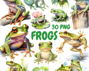 Watercolor Frogs Clipart Bundle, Green Toad Clipart, Frog Illustrations, Transparent PNG Graphics, Commercial Use