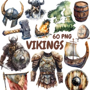 Puede incluir: Ilustraciones de acuarela de imágenes vikingas, incluyendo un guerrero, un barco, un casco, un escudo, un mapa, un barril, un martillo, un fuego y una piedra rúnica. El texto "60 PNG" y "VIKINGS" también está incluido en la imagen.