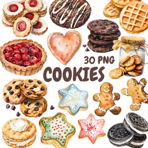 Aquarel koekjes clipartbundel, zoete lekkernijen clipart, koekjesillustraties, transparante png-afbeeldingen, commercieel gebruik