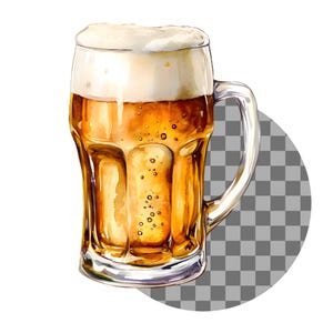 May include: A glass mug filled with a light golden beer with a thick white head of foam.