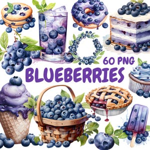 Aquarell Blaubeeren Clipart Bundle, Blaubeerkuchen Clipart, Blaubeer Illustrationen, transparente PNG Grafiken, kommerzielle Nutzung