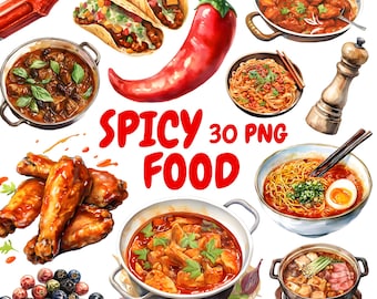 Watercolor Spicy Food Clipart Bundle, Chili Pepper Clipart, Onion Illustrations, Transparent PNG Graphics, Commercial Use