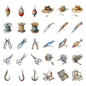 May include: A watercolor illustration of fishing supplies, including bobbers, fishing line, hooks, lures, pliers, scissors, fishing rods, and tackle boxes. The illustration also includes a few fish.