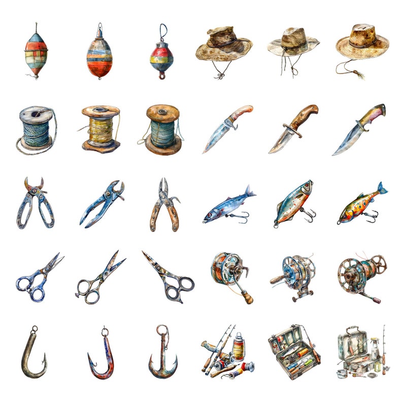 May include: A watercolor illustration of fishing supplies, including bobbers, fishing line, hooks, lures, pliers, scissors, fishing rods, and tackle boxes. The illustration also includes a few fish.
