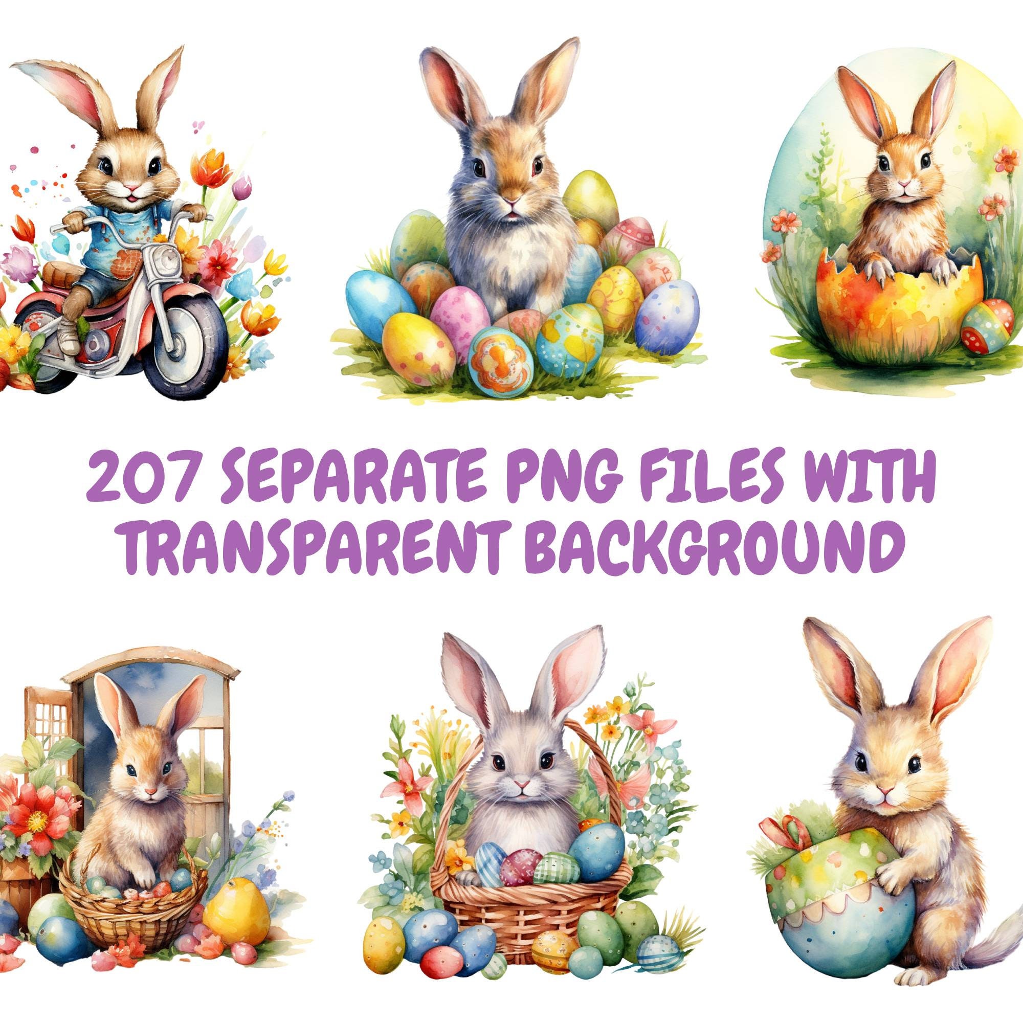 Watercolor Easter Bunnies Clipart Bundle, Cute Easter Bunny PNG, Happy ...