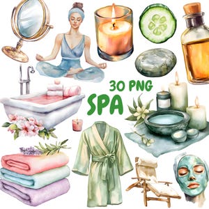 Bundle de cliparts spa aquarelle, cliparts soins personnels, illustrations de bain, graphiques PNG transparents, usage commercial