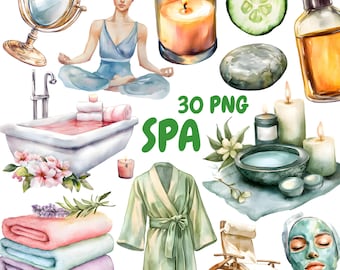 Watercolor Spa Clipart Bundle, Self Care Clipart, Bath Illustrations, Transparent PNG Graphics, Commercial Use