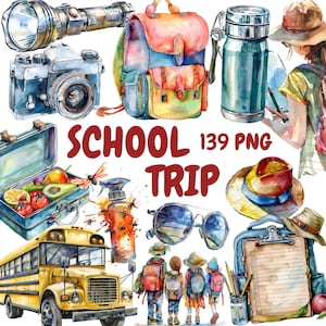 Aquarell Schulreise Clipart Bundle, Schulbus Clipart, Lehrer Illustrationen, transparente PNG Grafiken, kommerzielle Nutzung