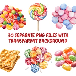 May include: A collection of 30 watercolor illustrations of various candies, including lollipops, jelly beans, macarons, and a candy bar. The illustrations are on a transparent background.