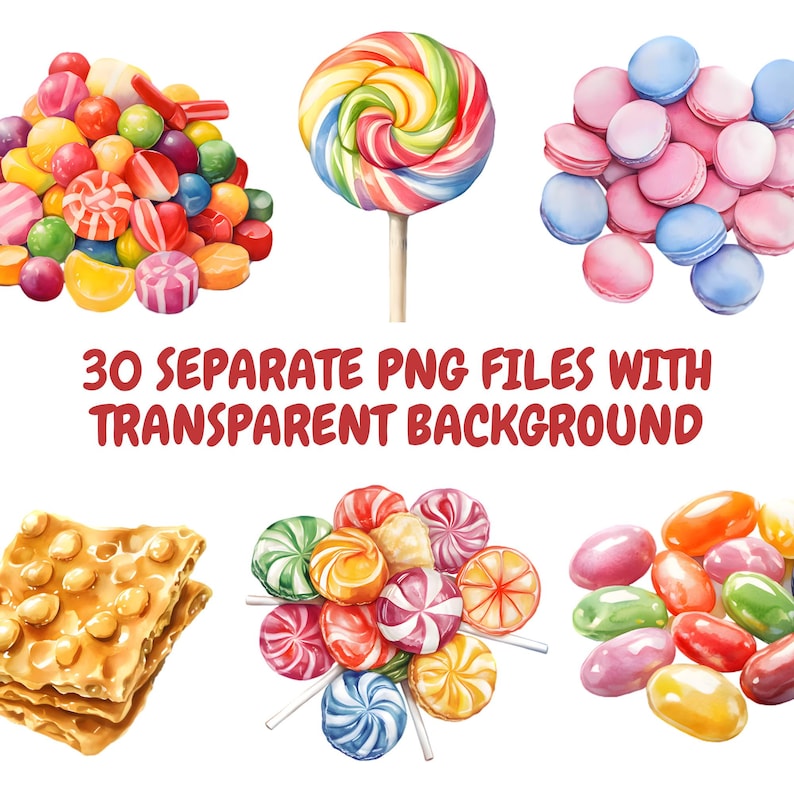 May include: A collection of 30 watercolor illustrations of various candies, including lollipops, jelly beans, macarons, and a candy bar. The illustrations are on a transparent background.