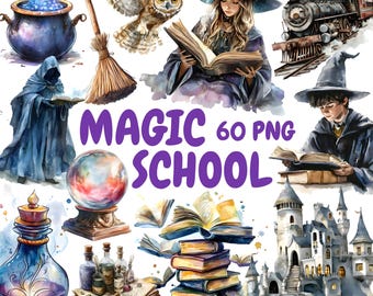 Paquete de imágenes prediseñadas de la Escuela de Magia en Acuarela, imágenes prediseñadas de la Escuela de Magos, ilustraciones de calderos, gráficos PNG transparentes, uso comercial