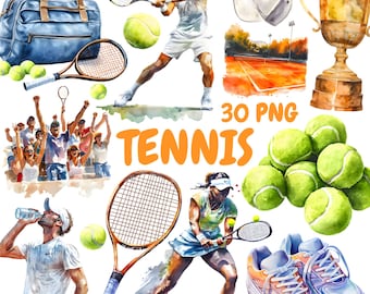 Watercolor Tennis Clipart Bundle, Tennis Racket Clipart, Tennis Illustrations, Transparent PNG Graphics, Commercial Use