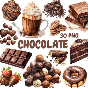 Può includere: Un assortimento di dolcetti al cioccolato, tra cui un cupcake, cioccolata calda con panna montata, gocce di cioccolato, biscotti, barrette di cioccolato, cioccolatini a forma di cuore, tartufi, fragole ricoperte di cioccolato, una fetta di torta, una ciambella e banane ricoperte di cioccolato. La parola "CHOCOLATE" è visualizzata.