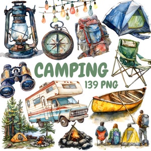 Paquete de imágenes prediseñadas de camping en acuarela, imágenes prediseñadas de aventuras en el bosque, ilustraciones de camping, gráficos PNG transparentes, uso comercial