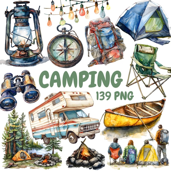 Watercolor Camping Clipart Bundle, Forest Adventure Clipart, Campsite Illustrations, Transparent PNG Graphics, Commercial Use