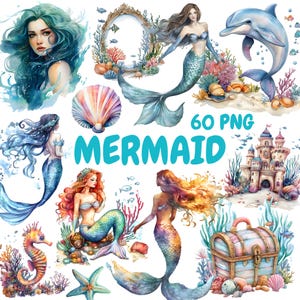 Aquarell Meerjungfrau Clipart Bundle, Oceanic Sirene Clipart, Meerjungfrau Illustrationen, transparente PNG Grafiken, kommerzielle Nutzung