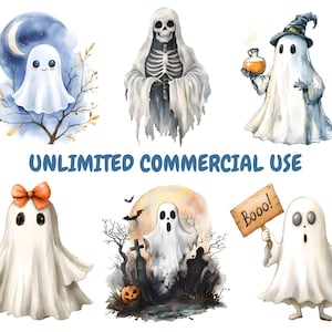 Puede incluir: Un conjunto de diez ilustraciones de acuarela de fantasmas en varias poses. Los fantasmas son blancos con ojos y bocas negros. Algunos fantasmas llevan sombreros o sostienen objetos. Las ilustraciones son perfectas para manualidades y decoraciones de Halloween.