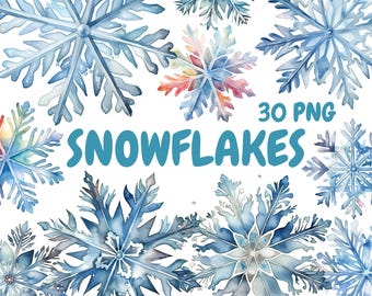 Watercolor Snowflakes Clipart Bundle, Blue Snowflake Clipart, Winter Snowflake Graphics, Instant Digital Download For Commercial Use