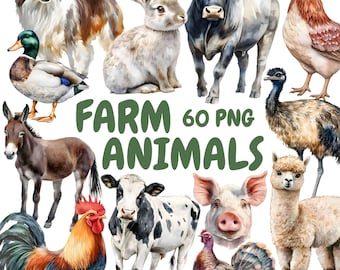 Peut inclure: Une collection de 12 illustrations aquarelle d'animaux de ferme, dont un coq, une vache, un cochon, un mouton, un âne, un lapin, un canard, un émeu, un alpaga et une dinde. Les illustrations sont sur fond blanc et présentent des détails réalistes.